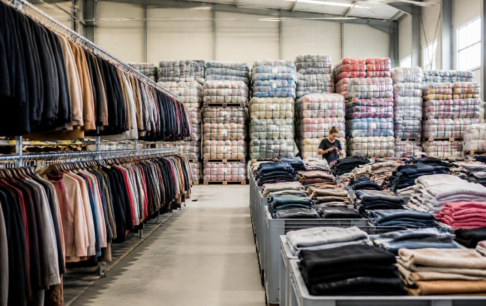 European warehouse preparing sorted clothing bales for African importers